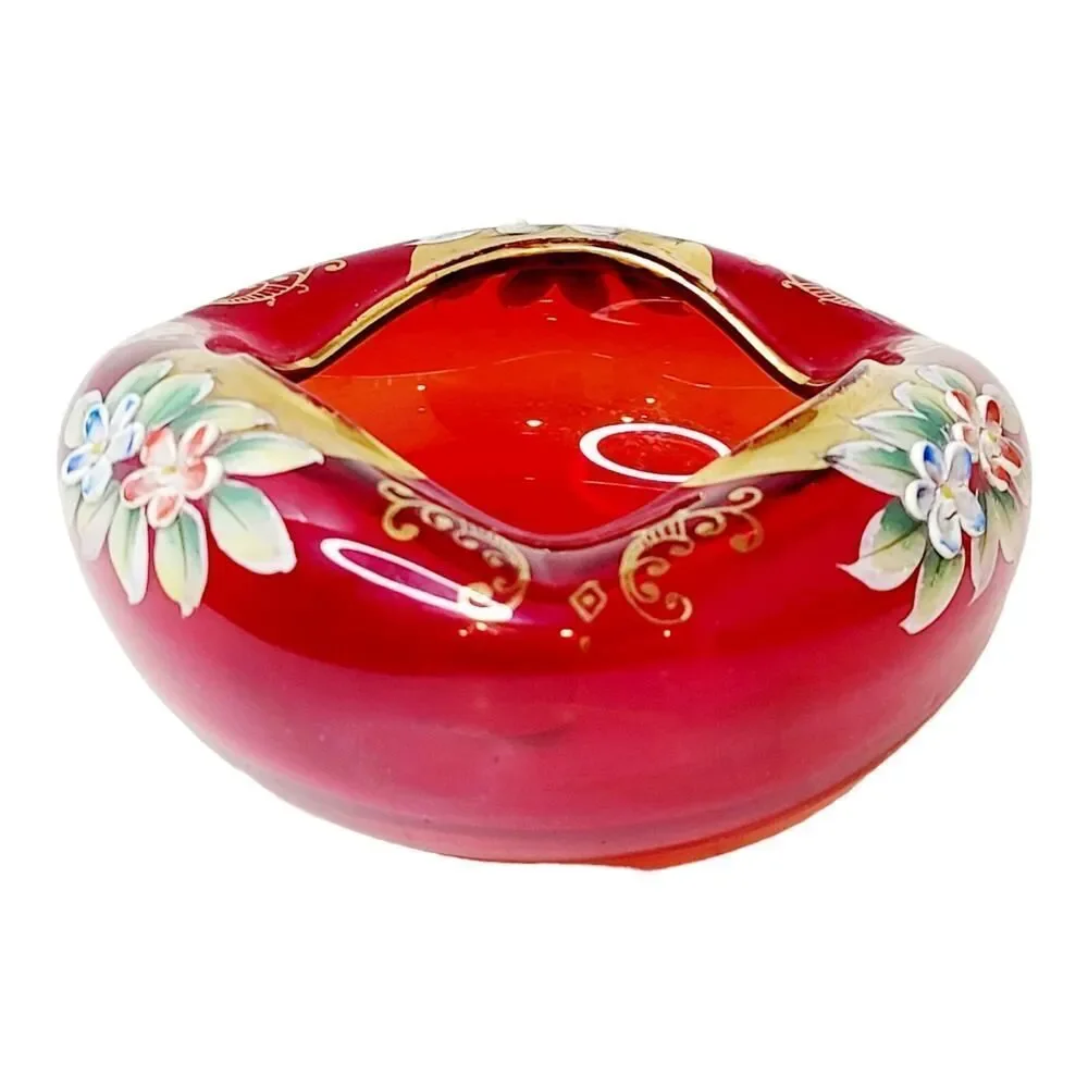 Vtg Hand Painted Bohemian Czech Ruby Red 22K‎ Gold Dish Ashtray Enamel Flowers